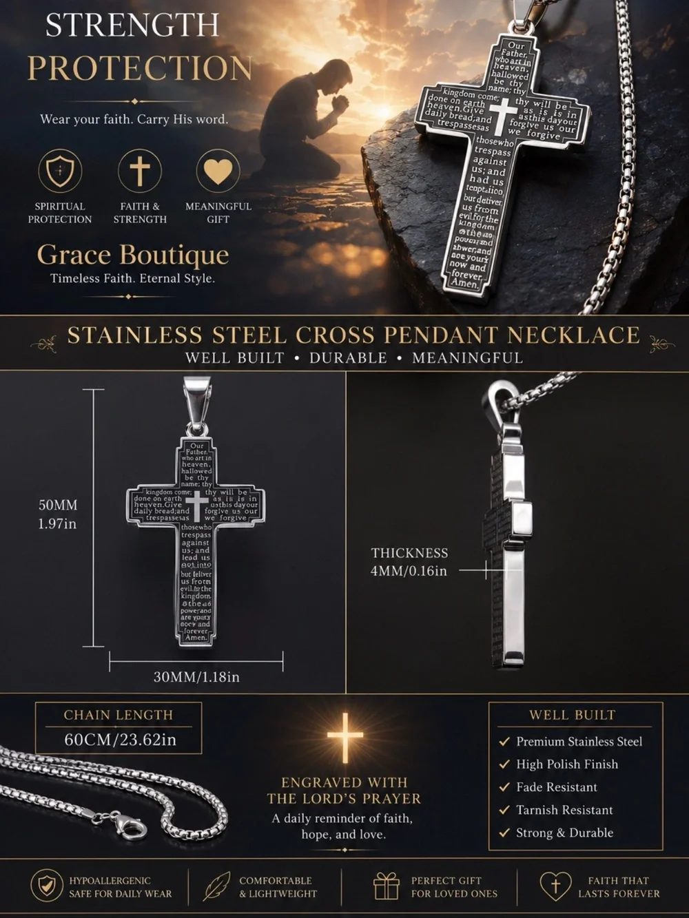 Grace Boutique Prayer Cross Necklace - Silver Cross on Silver Chain
